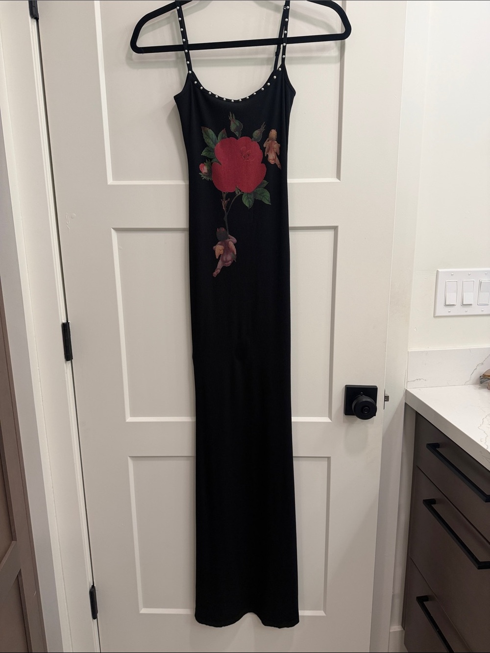Boys Lie Black Maxi Slip Dress with Red Rose Motif